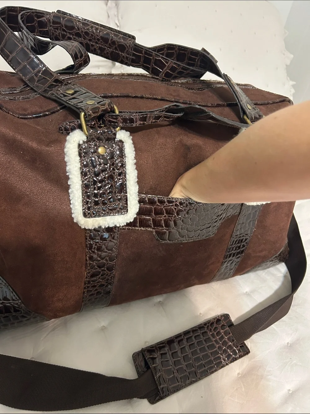 Bath & Body Works Brown Suede Duffel Bag with Croc Trim and White Fur — OS